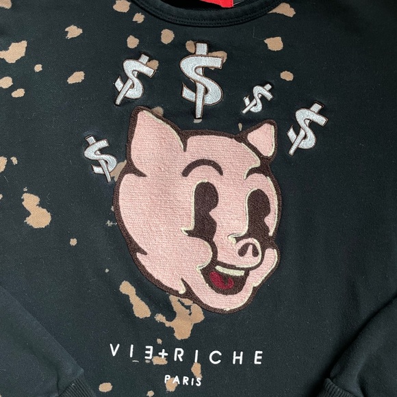 Vie + Riche Paris embroidered piggy head bleached pullover sweater - Picture 4 of 10